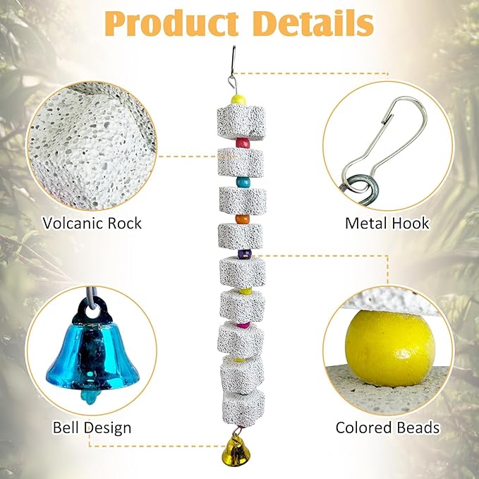 PINVNBY 3 Pack Bird Chewing Toy Lava Calcium Bird Beak Grinding Stone with Bell Hanging Parakeet Cage Accessories for Parrots Budgies Cockatiels African Grey (9 Block Per String)