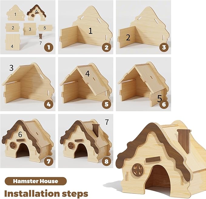 Wooden Hamster Platform and Dwarf Hamster House,Cute Syrian Hamster Tiny House Hideout,Large Balcony Lookout Holes,for Dwarf Gerbils and Mouse Mice Rat Other Small Animals(G)