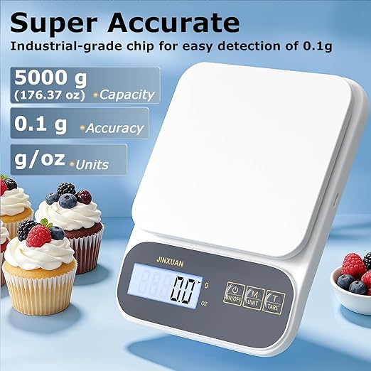 Kitchen Scale 5kg/0.1g Precision Food Scales for Kitchen Digital Scale Grams for Cooking Baking Weight Loss, Rechargeable Coffee Scale Food Weight Scale with Large Backlit LCD Display USB Cord
