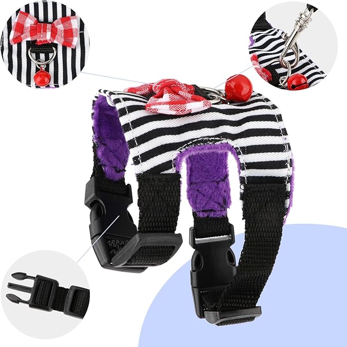 Small Pet Harness Vest and Leash Set with Bowknot and Bell Decor for Gerbil Guinea Pig Squirrel Kitten Outdoor Walking (M, Black Stripe)