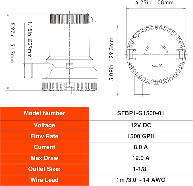 SEAFLO 01 Series 1500 GPH Bilge Pump – 12V, 1-1/8" Outlet, Marine Submersible Pump with Anti-Airlock Protection, CE & Rohs Certified, 4-Year Warranty | Reliable for Boats and Marine Applications