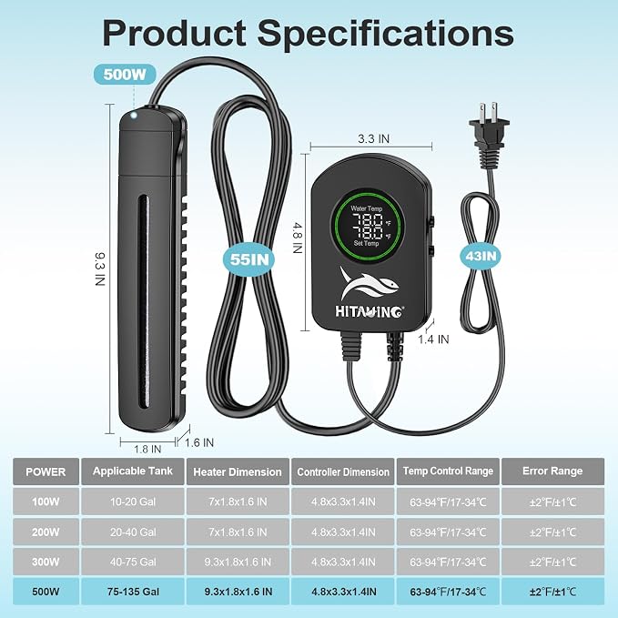 HiTauing Aquarium Heater, 100W/200W/300W/500W Fish Tank Heater with Upgraded LED Large Display, Up/Down Control Buttons and Intelligent Leaving Water Automatic Power-Off for Saltwater and Freshwater