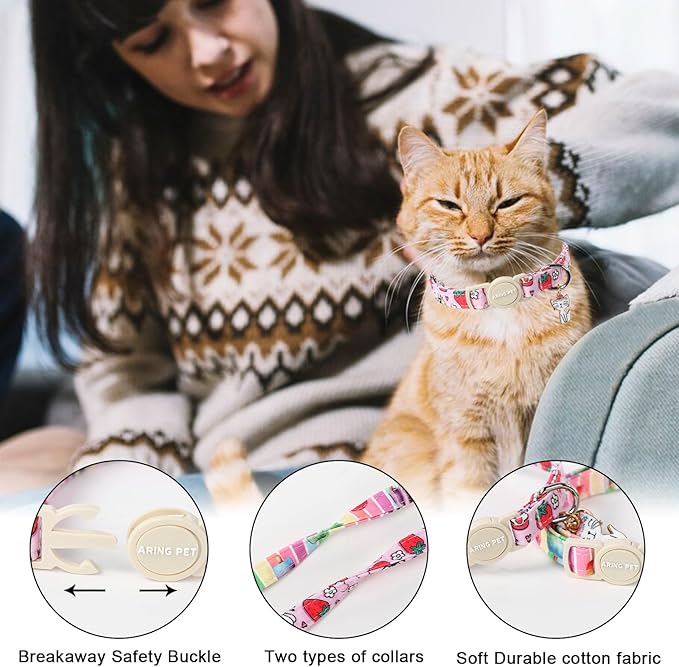 ARING PET 2 Pack Cat Collars-Cute Breakaway Summer Cat Collar with Bell & Pendant, Adjustable Strawberry&Ice Cream Pattern Kitten Collars with Safety Buckle for Girl and Boy Cats