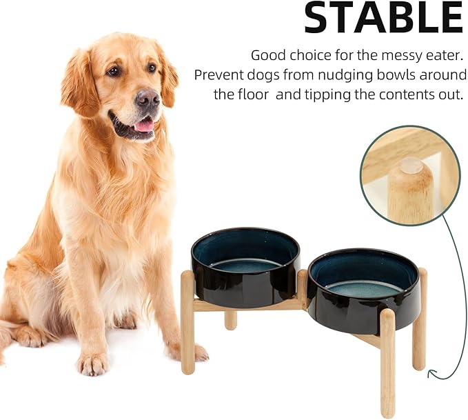 Havniva Ceramic 8.2inch Raised Dog Bowl with Stand for Large- Breed Dogs, Pet Food and Water Feeder (Double Bowl with Stand - Starry Sky)
