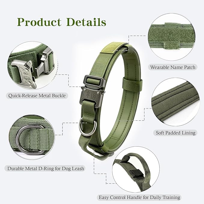 Xqpetlihai Tactical Dog Collar Adjustable Military Nylon Dog Collar with Control Handle and Heavy Duty Metal Buckle for Medium and Large Dogs (Green,L)