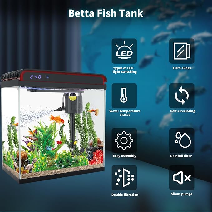 5 Gallon Fish Tank, Betta Fish Tank Small Aquarium Starter Kits Self Cleaning with 3 Types of LED Lights and Filter Water Pump, Ultra Quiet Decoration Kids Room Gift with Glass Aquarium