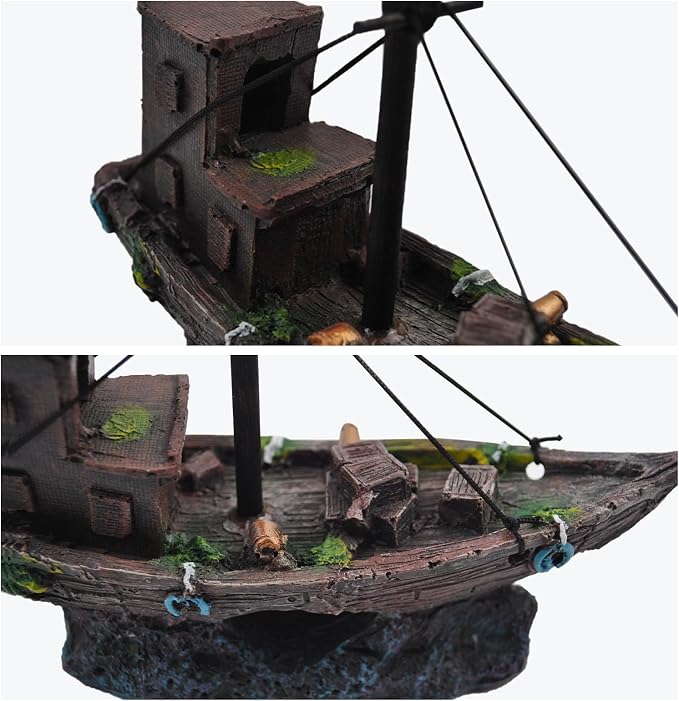 kathson Aquarium Shipwreck Decor Fish Tank Sunken Ship Ornament Pirate Shipwreck Decoration Resin Sunken Boat Betta Fish Sunken Ships Accessories for Freshwater Saltwater Tanks, Dark Brown