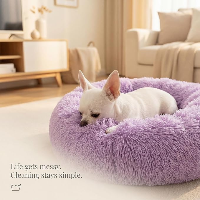 Calming Donut Dogs Beds for Small Dogs Washable,19inch Fluffy Round Puppy Bed for Puppies,Cats & Toy Breeds with Raised Rim,Fits up to 15 lbs Pets,Purple