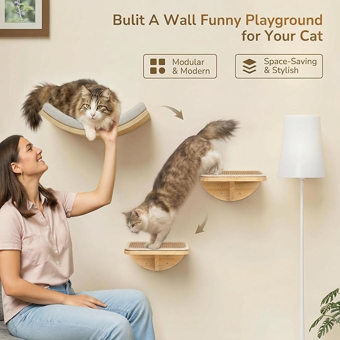 Cat Wall Shelves and Cats Window Perch – Natural Wood 4-Piece Set with Foam-Padded Curved Bed and Felt Steps, Space-Saving Wall Mounted Design
