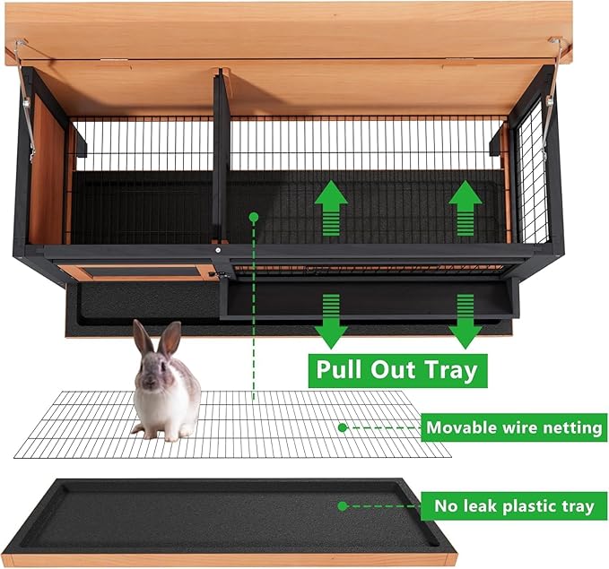 Elevated Guinea Pig Cage, Wooden Rabbit Hutch with Pull-Out Tray for Easy Cleaning, Waterproof Roof Small Animal House Indoor/Outdoor with Metal Mesh Base, for Bunny, Hamster, Quail (Orange/Black)
