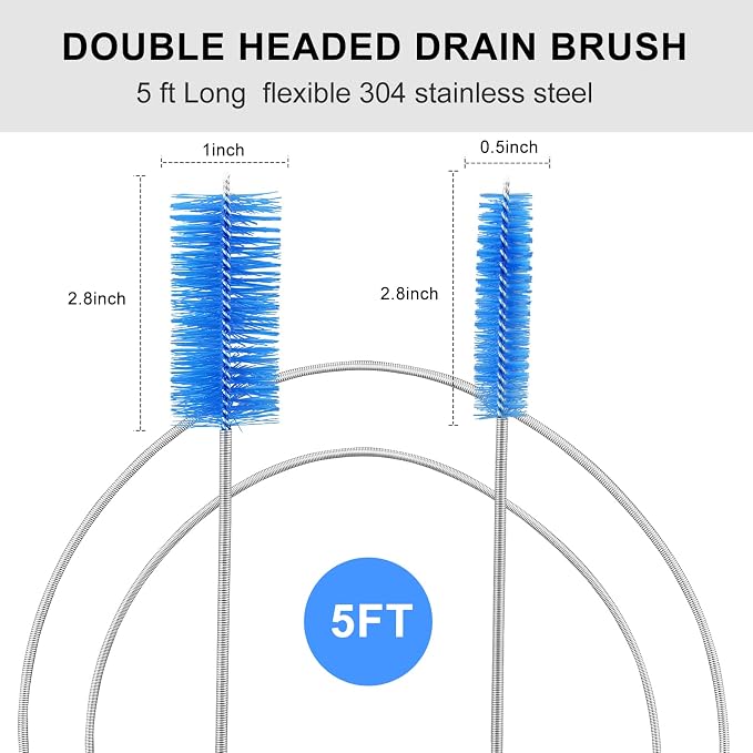 Flexible Drain Brush Cleaner Kit – CPAP Hose Cleaner 5ft Long Elastic Double Head Nylon Cleaning Brush + 3pcs 10” Straw Brushes for Aquarium Water Filter Pipe Air Tube Fish Tank Tub Sinks Glass Vase