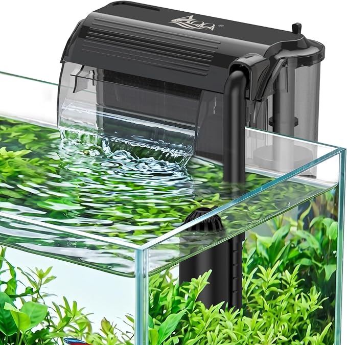 AQQA Aquarium Hang on Back Filter Whisper Fish Tank HOB Filter | Adjustable Flow, Multi-Stage Filtration with Surface Skimmer & Sponge Guard for Small Fish Tanks 10-30 Gallon (5W, 106GPH)
