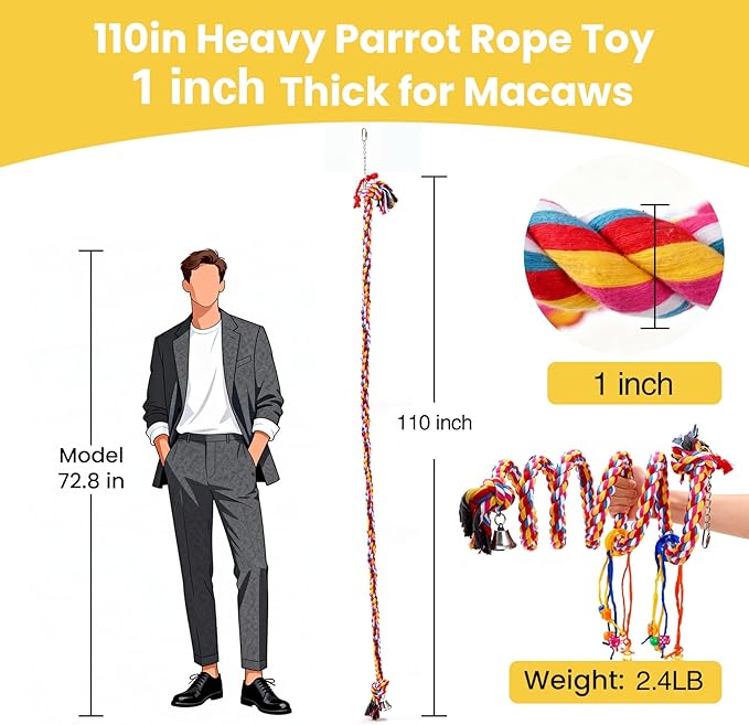 110" Extra Long Bird Rope Perch, 2.4 lb Heavy Duty Cotton Climbing Rope Toy with Bell, Flexible Bungee Swing for Large Parrots Macaw African Grey Cockatoo