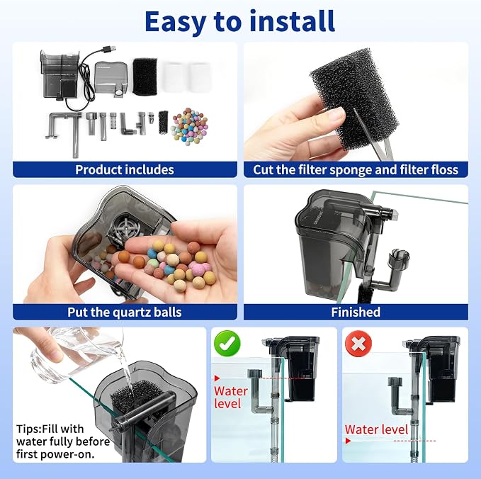 Hang On Back Aquarium Filter Up to 5 gallon Small Slim Fish Tank Filter | Oil Removal Design,Upgraded 3-Stage Filtration,Adjustable Flow Rate,USB Aquarium Filter for Betta Shrimp tanks