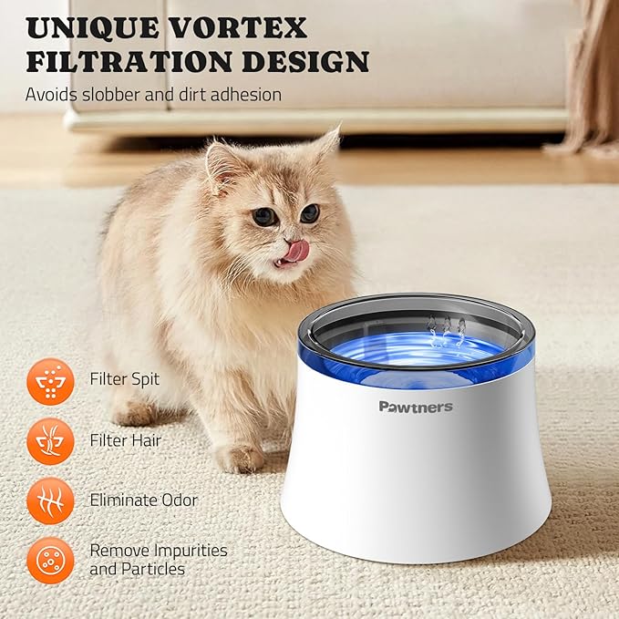 Pawtners Pet Dog Water Fountain with Vortex Filter, 1 Gal/3.5L Water Bowl Dispenser for Medium Small Dog/Cat, Automatic No Spill Cat Fountain for Inside, Deep Drinking Area and Quiet Pump, 6.7" H