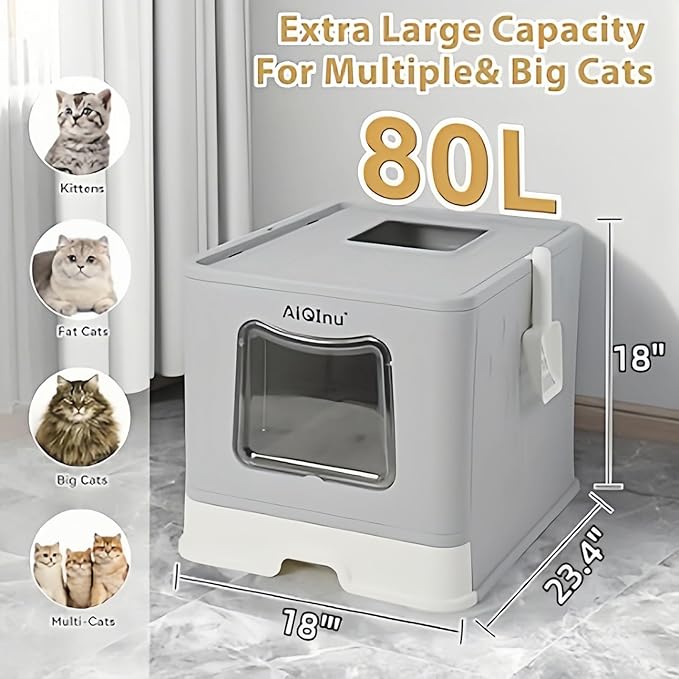AiQInu Enclosed Cat Litter Box - Foldable Large Litter Box with Lid and Scoop High Sided Enclosure, Front Entry Top Exit, Odor Control, Anti Leakage No Smell, Easy Cleaning