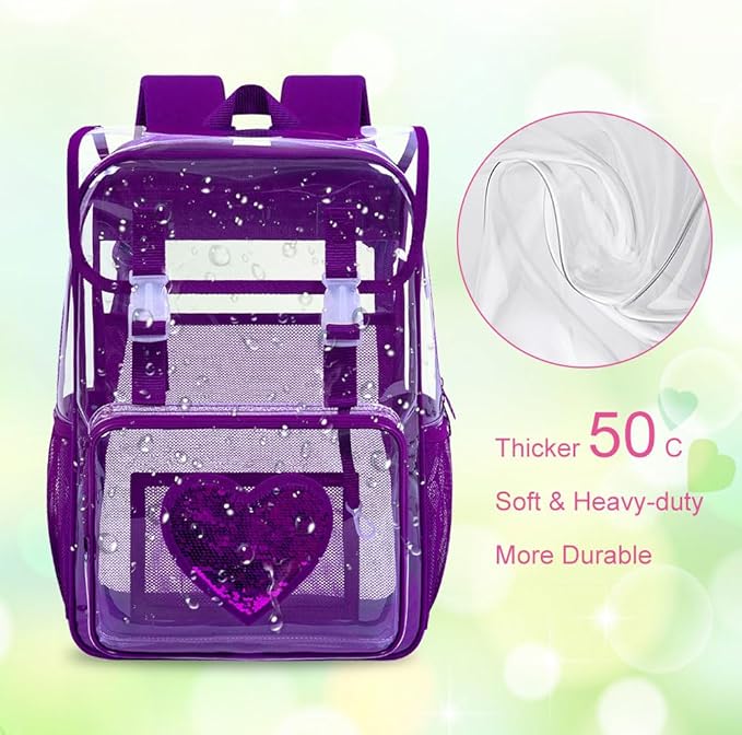 17" Sequin Clear Backpack for Girls - 3Pcs School Flip Design Stadium Approved Set, Waterproof Campus Transparent Bookbag (Purple)