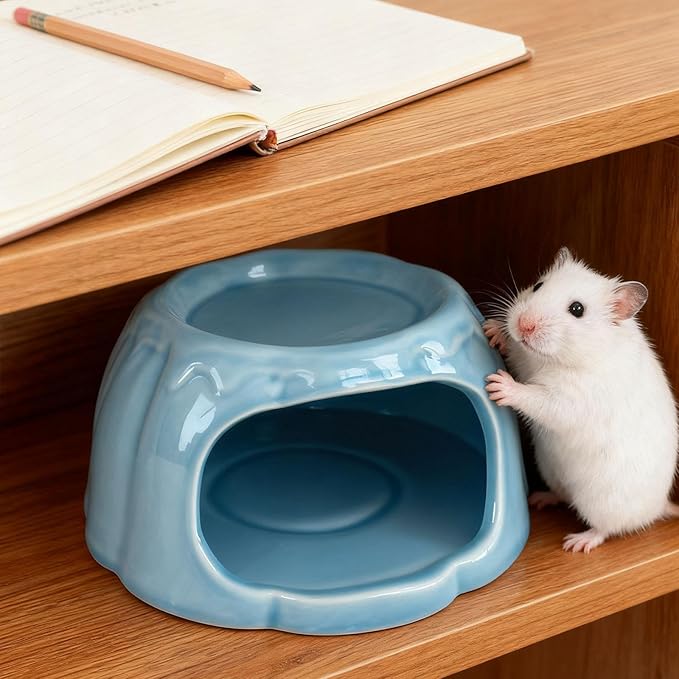 Hamster House Ceramic Hideout Small Animal Food Bowl Pudding Shaped Decorative Habitat Suitable for Hamster Cage Pet Gift Home Decoration, Blue