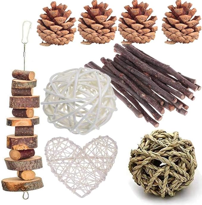 ANDES Rabbit Chew Toys, Pet Bunny Tooth Chew Toys Organic Natural Apple Wood Grass Cake Ideal for Bunny, Chinchilla, Guinea Pigs, Hamsters Teeth Grinding, Bird Exercise Molar (13PCS)
