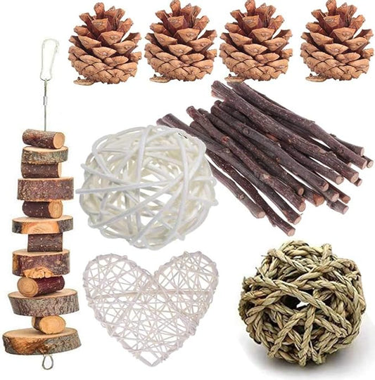 ANDES Rabbit Chew Toys, Pet Bunny Tooth Chew Toys Organic Natural Apple Wood Grass Cake Ideal for Bunny, Chinchilla, Guinea Pigs, Hamsters Teeth Grinding, Bird Exercise Molar (13PCS)