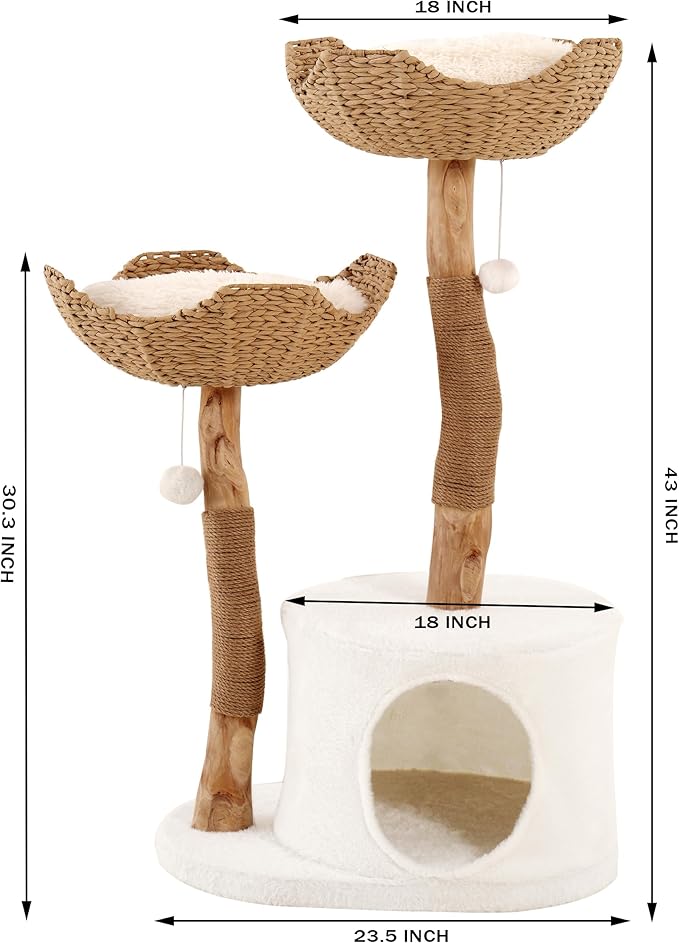 Natural Modern Cat Tree Tower – Wooden Cat Condo with Dangling Ball, Cozy Baskets, Scratching Posts, for Large Indoor Cats, Solid Wood Aesthetic Pet Furniture(43" Tall)