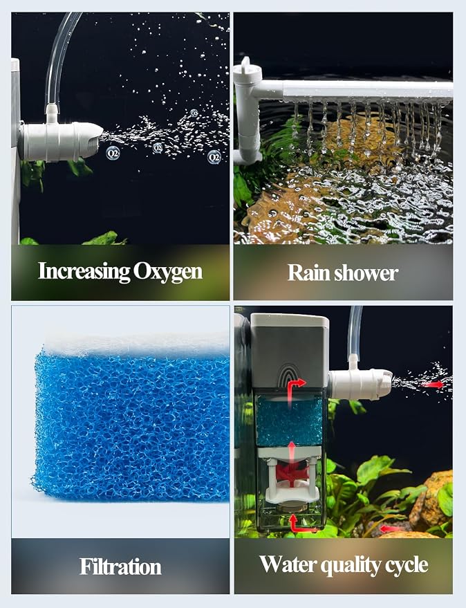 Aquarium Internal Filter, 4 in 1 Small Fish Tank Filters Pump Sponge Filter Ultra Silent Adjustable Submersible Power Filter with Multiple Function for Fish Tanks 5-10 Gallon
