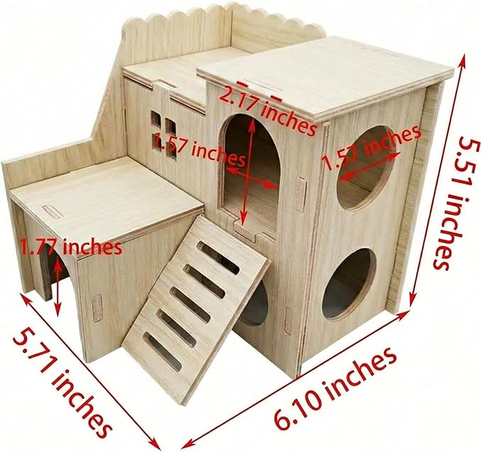 Multi-Chamber Hamster Hideout & House, Natural Wood Small Animal Cage Accessories for Dwarf Hamsters, Gerbils and Mice – Ventilated Design with Structure (Model 1)