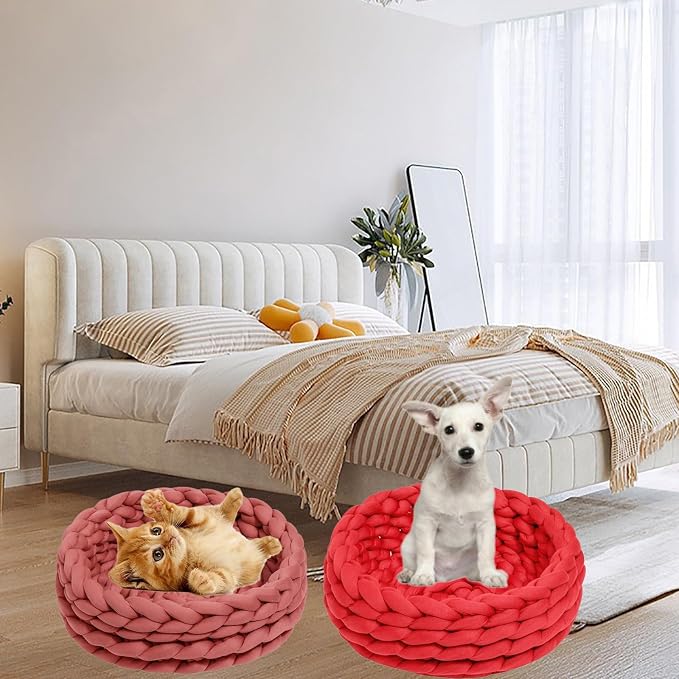 Woven Dog Bed Basket, Knitted Cotton Cat Bed Round Washable Woven Cat Pet Bed Chunky Dog Basket, Orthopedic, Chunky Knit Dog Nest,Dog Bed,Dog Cave,Dog Bedding(Pink,17")