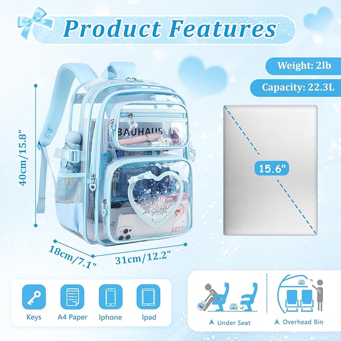Clear Backpack for School Girls, Cute Heavy Duty PVC Transparent Bookbag, See-Through Bag for Stadium Event Blue
