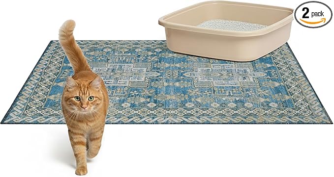Lovewag Pets Cat Litter Box Mats 2 Pack - Medium 28x41 Inch Machine Washable, Easy Clean, Non-Slip, Waterproof Mats for Indoor Cats - Kitty Litter Mess Control & Pet Urine Floor Protection (Blue Mesa)