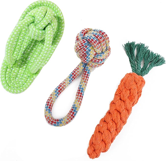 3PCS Natural Cotton Rope Toys for Small Dogs and Puppies, Dog Dental Care Chew Toys for Teething, Anxiety Relief,Helps Clean Teeth & Prevent Furniture Destruction(Slipper Set)