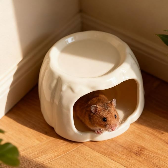 Hamster House Ceramic Hideout Small Animal Food Bowl Pudding Shaped Decorative Habitat Suitable for Hamster Cage Pet Gift Home Decoration, Light Orange