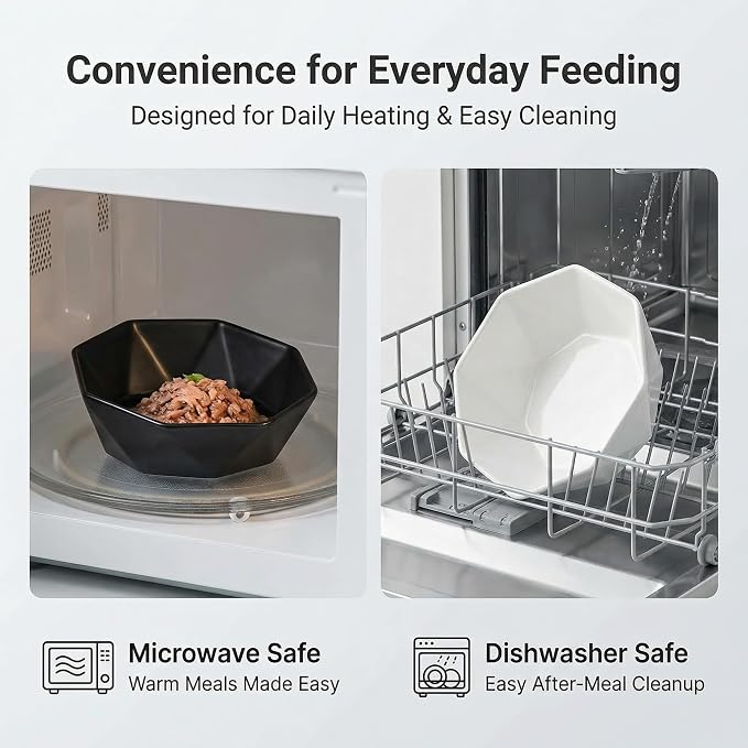 Raised Cat Bowl - Ceramic Tilted Elevated Food Bowl for Indoor Cats & Small Dogs - Shallow Wide Whisker-Friendly Design - Pet Dish Suitable for Feeding Dry, Wet, Treats & Canned Food - Black