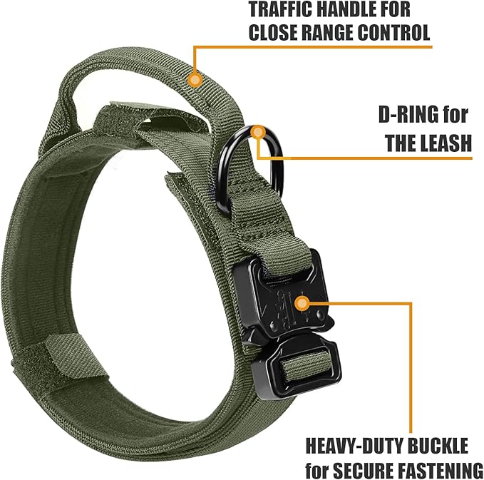 Celifelight Tactical Dog Collar, Adjustable Nylon, Heavy Duty Metal Buckle with Handle, Green, L