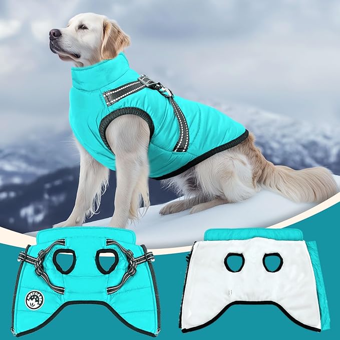 PETCARE Winter Dog Coat with Harness Built in Waterproof Dog Jackets Warm Pet Fleece Vest Windproof Snow Jacket Snowsuit Reflective Dogs Cold Weather Coats for Puppy Small Medium Large Dogs Cats