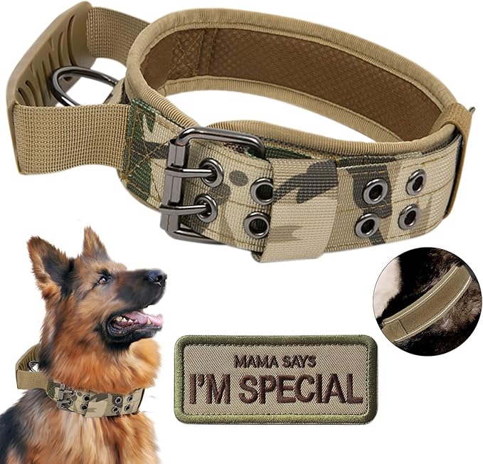 Tactical Dog Collar with Handle - Military Adjustable Dog Training Collar Soft Nylon and Heavy Duty Metal Buckle for Medium Large Dogs - with Patch (Camo with Patch, Large)