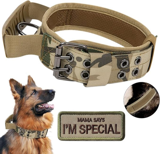 Tactical Dog Collar with Handle - Military Adjustable Dog Training Collar Soft Nylon and Heavy Duty Metal Buckle for Medium Large Dogs - with Patch (Camo with Patch, X-Large)