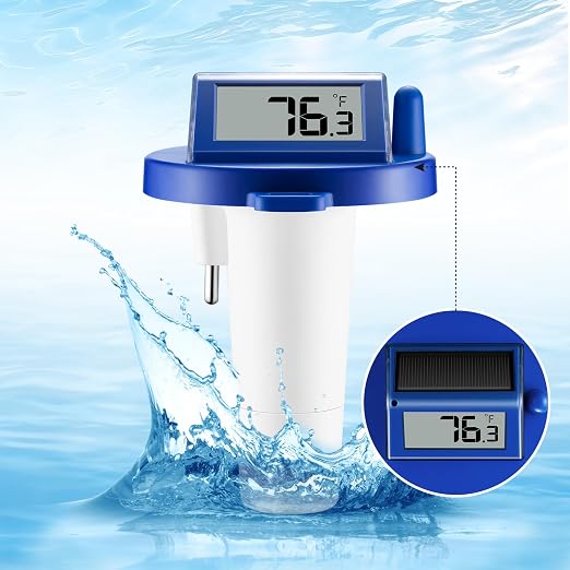Solar Wireless Floating Pool Thermometer - Upgraded IPX8 Waterproof Easy Read Digital Thermometer with Time, Indoor Temperature & Humidity Monitor for Swimming Pools, Spas, Hot Tubs (Dark Blue 1pack)