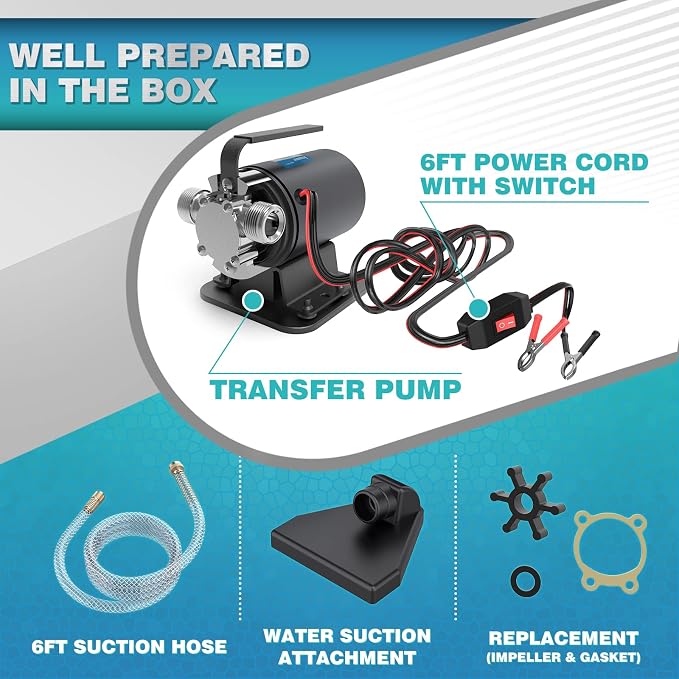 Water Transfer Pump DC 12V 1/10HP Portable Electric Water Removal Utility Pump with Switch and Suction Hose Kit, Low Suction Water Removal for RV, Water Beds, Pools, Rain Barrel, Aquariums
