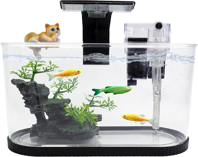 Fish Tank Kit, Small Aquarium Starter Tank with Filter and Light, PC Nano Desktop Tank with Color-Changing LED & Decor - Complete Starter Kit for Betta Fish Shrimp Guppy Goldfish Beta