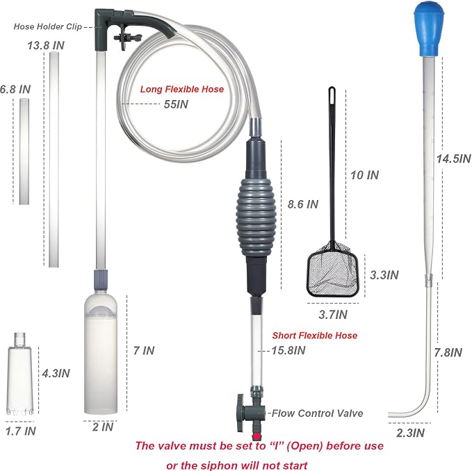 Aquarium Siphon Vacuum Kit with Turkey Baster, Fish Net for Tank Cleaning | Dual Vacuum Tubes; Brush Head; Gravel & Sand Cleaning; Water Change; Debris Removal; Flow Control Valve