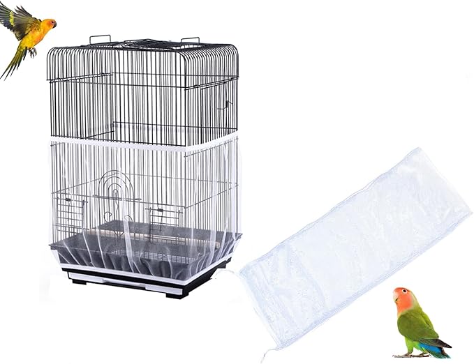 ZMD Bird Cage Seed Catcher, Large Birdcage Cover Adjustable Airy Nylon Mesh Net Birdcage Cover Skirt with Drawstring Seed Guard for Parrot Lovebirds Finches, White