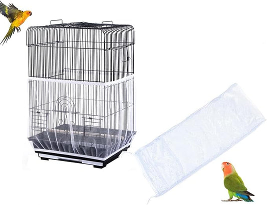 ZMD Bird Cage Seed Catcher, Large Birdcage Cover Adjustable Airy Nylon Mesh Net Birdcage Cover Skirt with Drawstring Seed Guard for Parrot Lovebirds Finches, White
