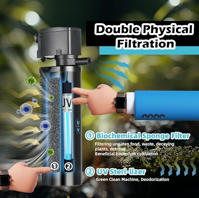 Aquarium Filter for 100-500 Gallon Tank, U-V Fish Tank Green Clean Machine Submersible Powerful Pump Canister Filter 600GPH for Pond Turtle Tank Saltwater Freshwater Crystal Clear Green Killing