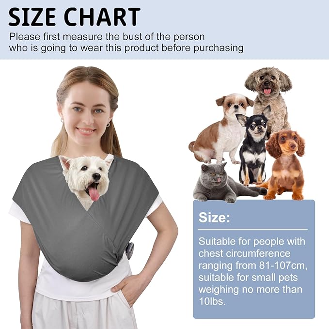 CUBY Swaddle Dog Sling Carrier for Small Dogs, Front Pet Sling Carrier Chest,Hands Free Adjustable Cat Sling Carrier Soft Cotton Reducing Pain Puppy Sling Carrier for Small Pet Up to 10lb (Dark Gray)