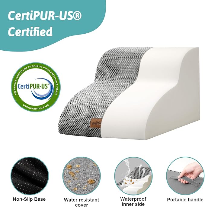 COZY KISS Dog Stairs for Small Dogs 11.8" H, Pet Step with Leakproof Cover, High Density Foam Cat Ramp for Chair or Sofa, Lightweight, Durable, Comfort, 15.7x19.7x11.8 inch, 2 Step, Grey