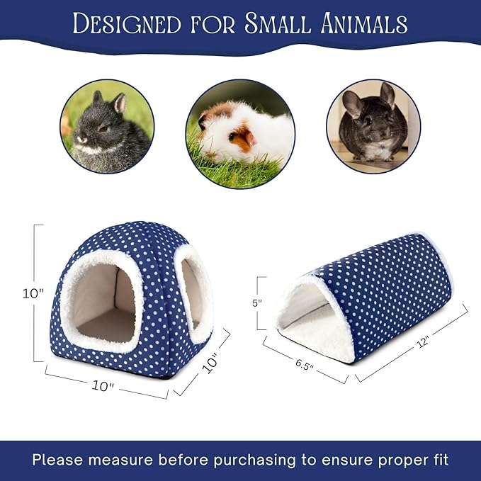 Guinea Pig Hideout and Play Tunnel Set, Washable Fleece Bed for Dwarf Rabbits, Bunnies, Chinchillas, Small Animal Toys - Blue Dot