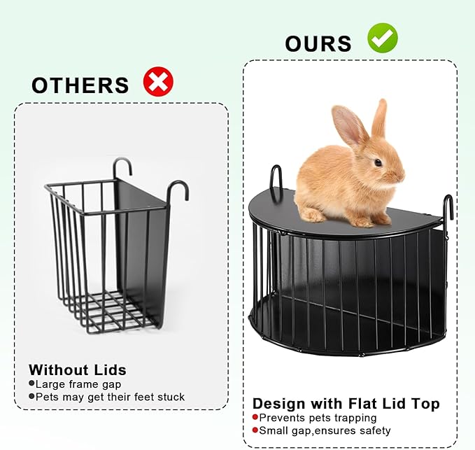 Upgraded Hay Rack for Rabbits, Bunny Feeder for Guinea Pigs Chinchillas, Black, Hanging Hay Feeder with Lid, Bunny Feeding Holder, Metal, Semicircular, Chinchilla Cage Accessories