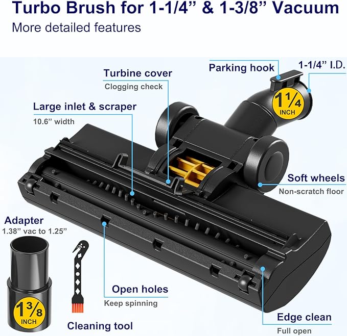 Portek Turbo Brush Head for 1-1/4" and 1-3/8" Vacuum Cleaners, Air-Driven Floor Nozzle Attachment with Adapter and Cleaning Tool for Pet Hair Removal on Carpets and Hard Floors