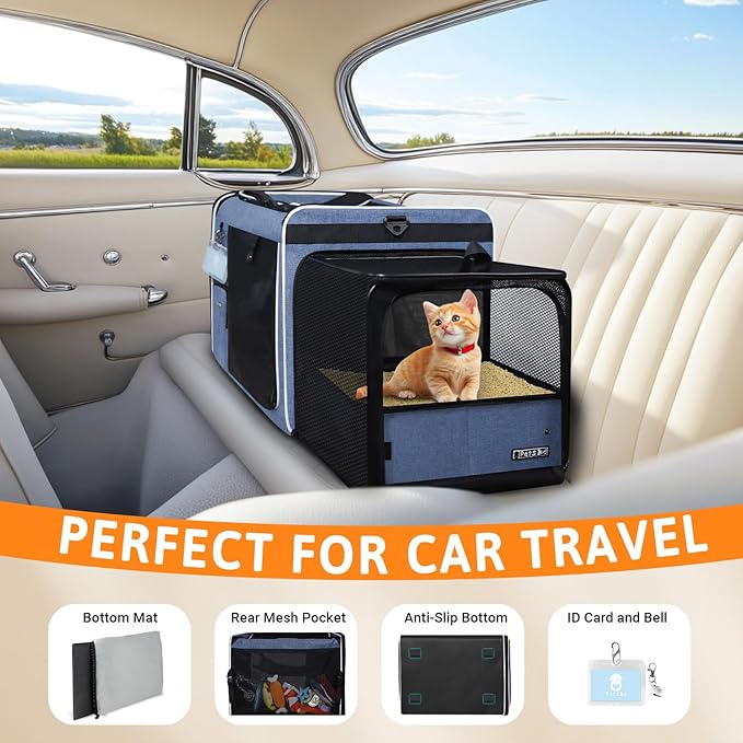 Petskd Side Expandable Extra Large Cat Carrier with Wheels and Litter Box for Long Distance Car Travel, 24"x17"x17" Collapsible Soft-Sided Pet Carrier with Zipper Locks for 2 Cats Under 55LBS(Blue)